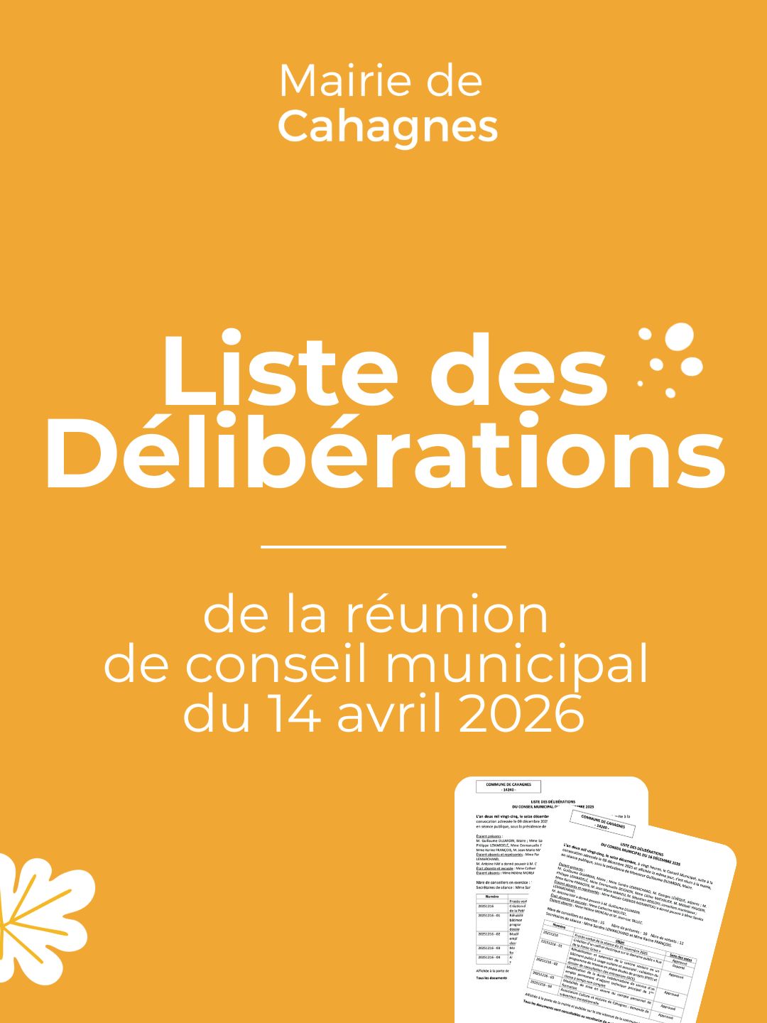 Liste des délibérations du conseil municipal du 14 avril 2026